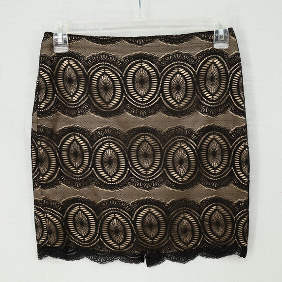 Cache Skirt Womens 6 Black Lace Beige Lining Pencil Short Back Zip Formal - Picture 1 of 10
